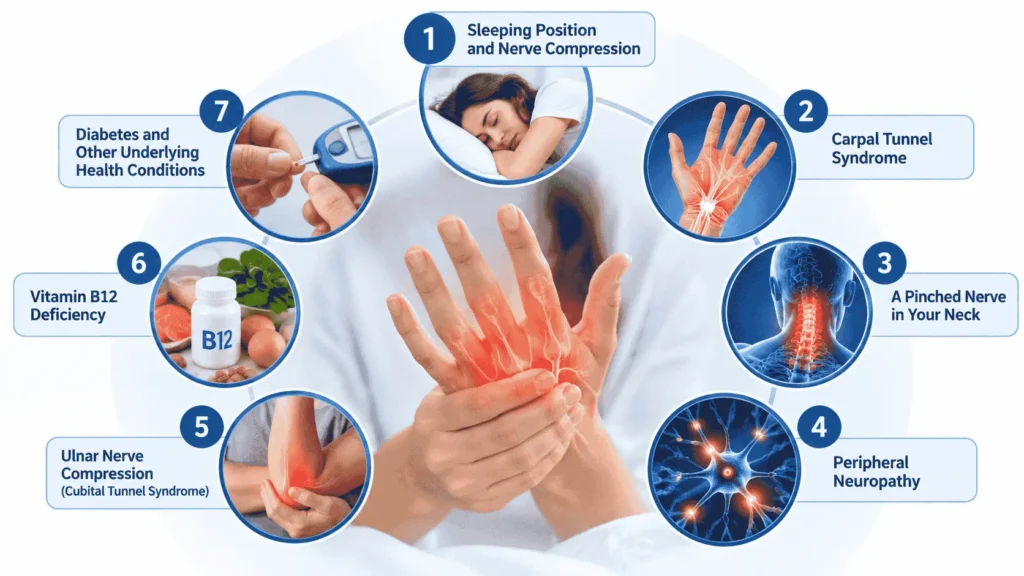 Seven possible causes of hand numbness at night, including carpal tunnel syndrome, pinched nerves, neuropathy, and vitamin B12 deficiency.